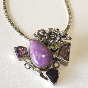 Vintage Sterling 925 Pendant Semi-precious Stones Floral Silver Work With 24...